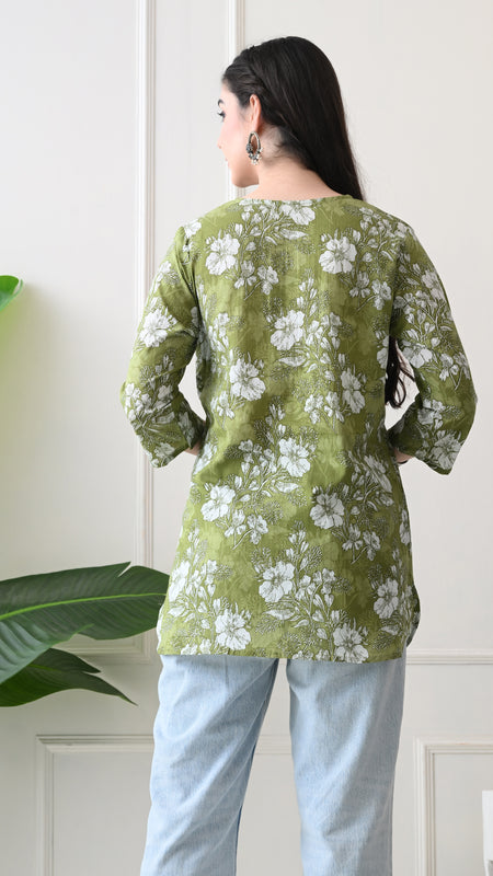 Dusty Mehendi Flower Pure Cotton Casual 3/4th Sleeves Top for women