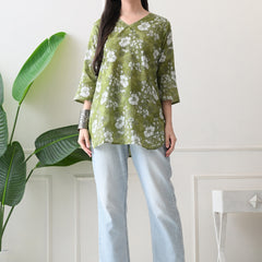 Dusty Mehendi Flower Pure Cotton Casual 3/4th Sleeves Top for women