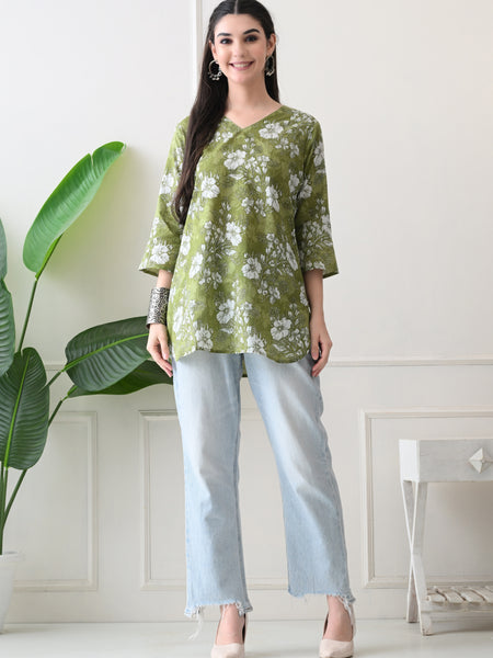 Dusty Mehendi Flower Pure Cotton Casual 3/4th Sleeves Top for women