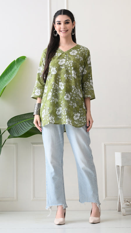 Dusty Mehendi Flower Pure Cotton Casual 3/4th Sleeves Top for women