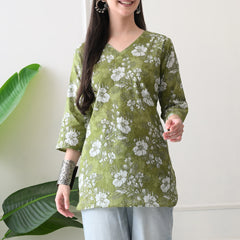 Dusty Mehendi Flower Pure Cotton Casual 3/4th Sleeves Top for women