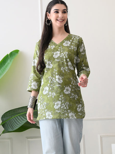 Dusty Mehendi Flower Pure Cotton Casual 3/4th Sleeves Top for women