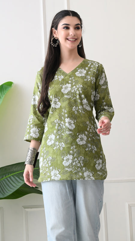 Dusty Mehendi Flower Pure Cotton Casual 3/4th Sleeves Top for women