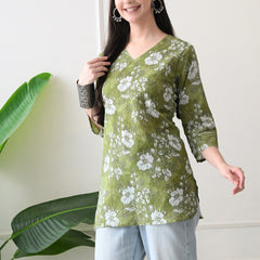 Dusty Mehendi Flower Pure Cotton Casual 3/4th Sleeves Top for women