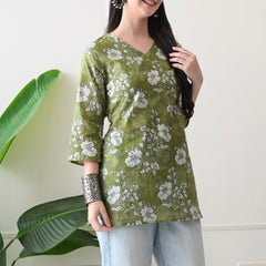 Dusty Mehendi Flower Pure Cotton Casual 3/4th Sleeves Top for women