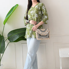 Dusty Mehendi Flower Pure Cotton Casual 3/4th Sleeves Top for women