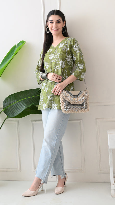 Dusty Mehendi Flower Pure Cotton Casual 3/4th Sleeves Top for women