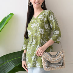 Dusty Mehendi Flower Pure Cotton Casual 3/4th Sleeves Top for women