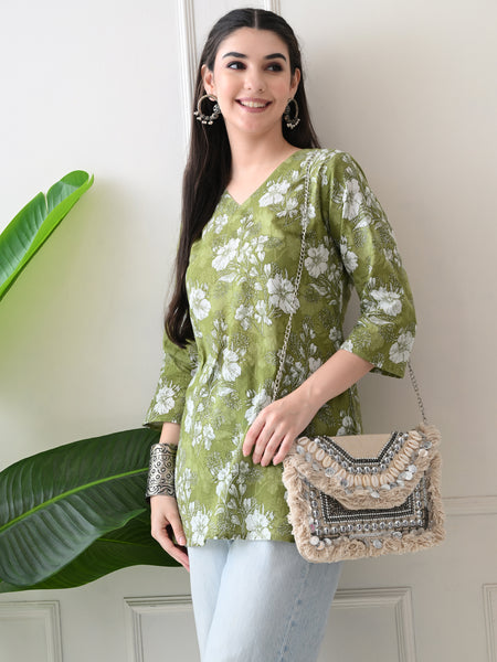 Dusty Mehendi Flower Pure Cotton Casual 3/4th Sleeves Top for women