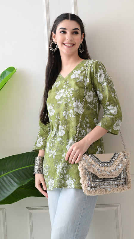 Dusty Mehendi Flower Pure Cotton Casual 3/4th Sleeves Top for women