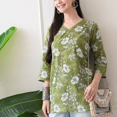 Dusty Mehendi Flower Pure Cotton Casual 3/4th Sleeves Top for women