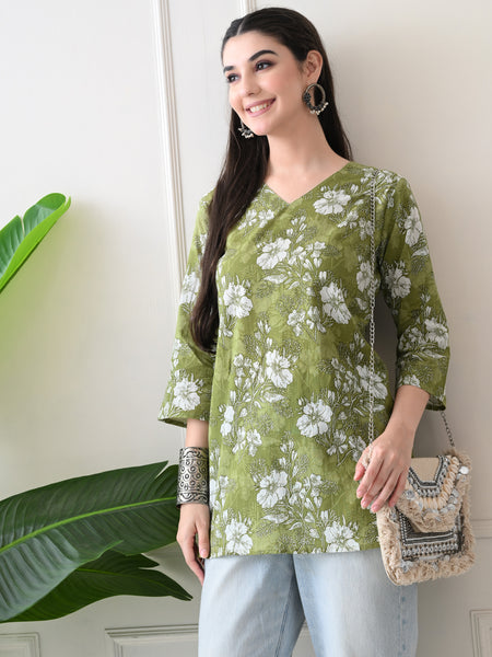 Dusty Mehendi Flower Pure Cotton Casual 3/4th Sleeves Top for women