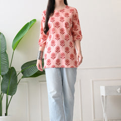 Peach Daisy Pure Cotton Casual 3/4th Sleeves Top for women