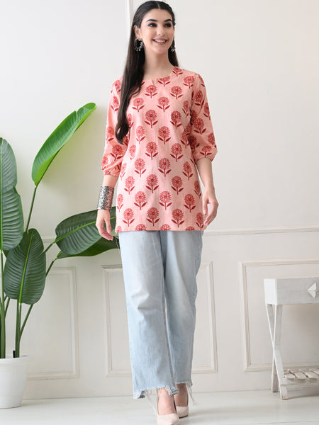 Peach Daisy Pure Cotton Casual 3/4th Sleeves Top for women