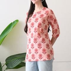 Peach Daisy Pure Cotton Casual 3/4th Sleeves Top for women