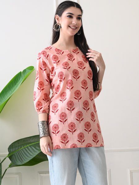 Peach Daisy Pure Cotton Casual 3/4th Sleeves Top for women