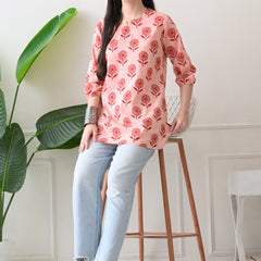 Peach Daisy Pure Cotton Casual 3/4th Sleeves Top for women
