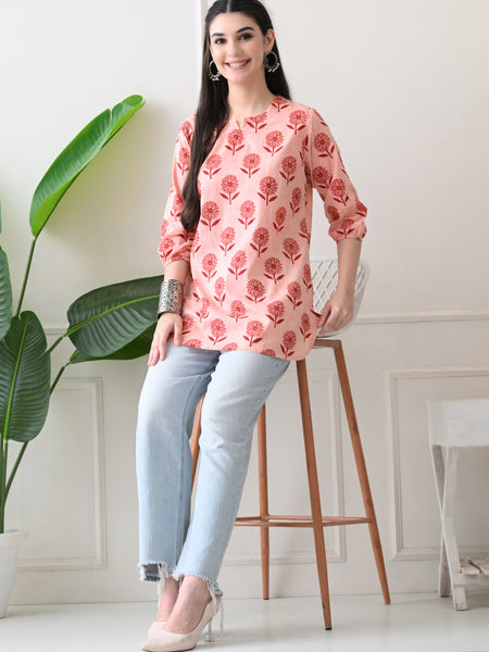 Peach Daisy Pure Cotton Casual 3/4th Sleeves Top for women
