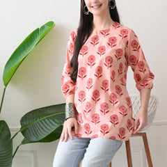 Peach Daisy Pure Cotton Casual 3/4th Sleeves Top for women