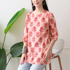Peach Daisy Pure Cotton Casual 3/4th Sleeves Top for women