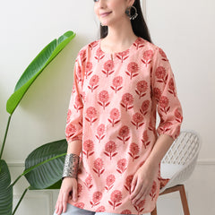 Peach Daisy Pure Cotton Casual 3/4th Sleeves Top for women