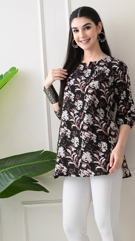 Black Jal Pure Cotton Casual 3/4th Sleeves Top for women