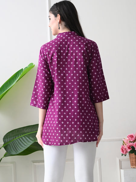 Orchid Bandhej Pure Cotton Casual 3/4th Sleeves Top for women