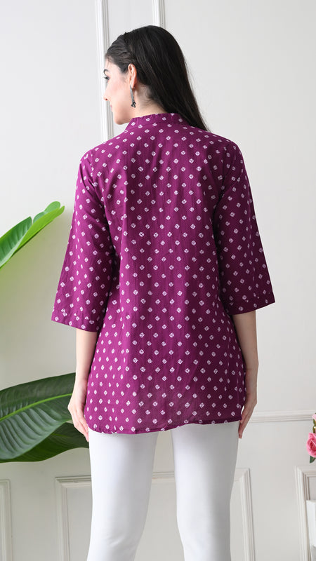 Orchid Bandhej Pure Cotton Casual 3/4th Sleeves Top for women