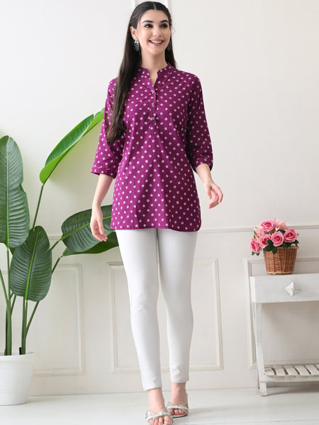 Orchid Bandhej Pure Cotton Casual 3/4th Sleeves Top for women