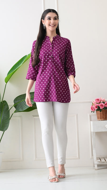 Orchid Bandhej Pure Cotton Casual 3/4th Sleeves Top for women