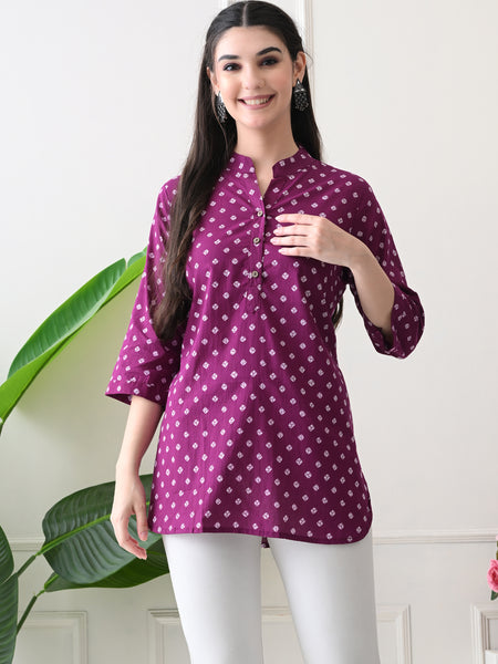 Orchid Bandhej Pure Cotton Casual 3/4th Sleeves Top for women