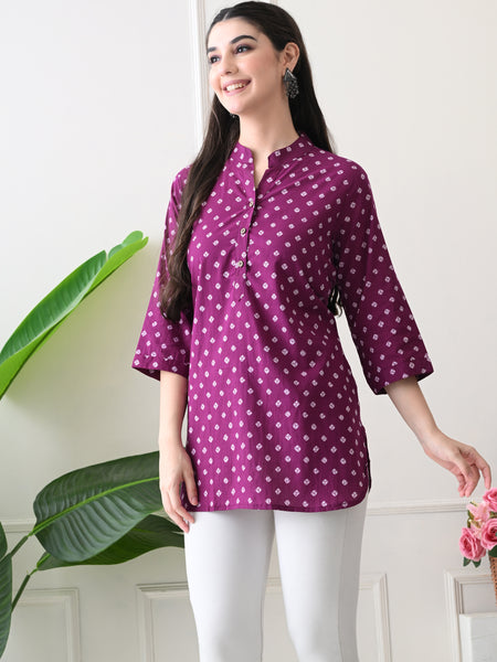 Orchid Bandhej Pure Cotton Casual 3/4th Sleeves Top for women