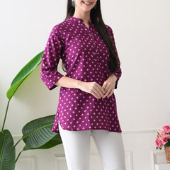 Orchid Bandhej Pure Cotton Casual 3/4th Sleeves Top for women