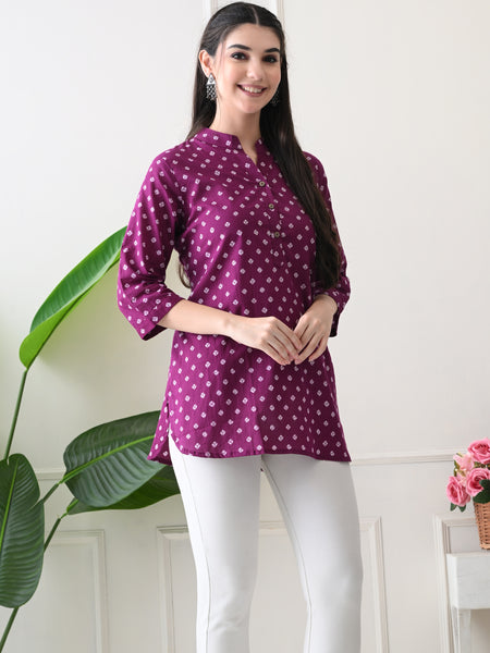 Orchid Bandhej Pure Cotton Casual 3/4th Sleeves Top for women