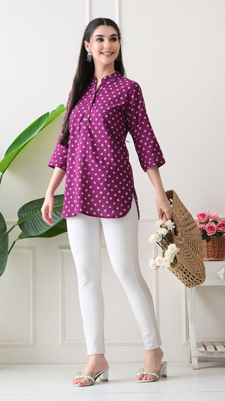 Orchid Bandhej Pure Cotton Casual 3/4th Sleeves Top for women