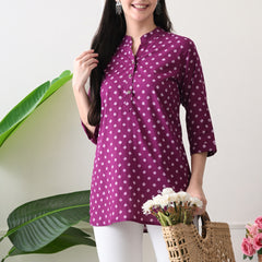 Orchid Bandhej Pure Cotton Casual 3/4th Sleeves Top for women