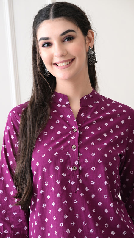 Orchid Bandhej Pure Cotton Casual 3/4th Sleeves Top for women