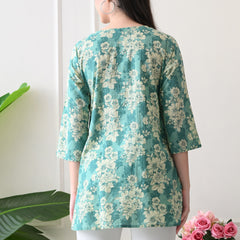 Aqua floral Pure Cotton Casual 3/4th Sleeves Top for women