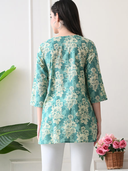 Aqua floral Pure Cotton Casual 3/4th Sleeves Top for women