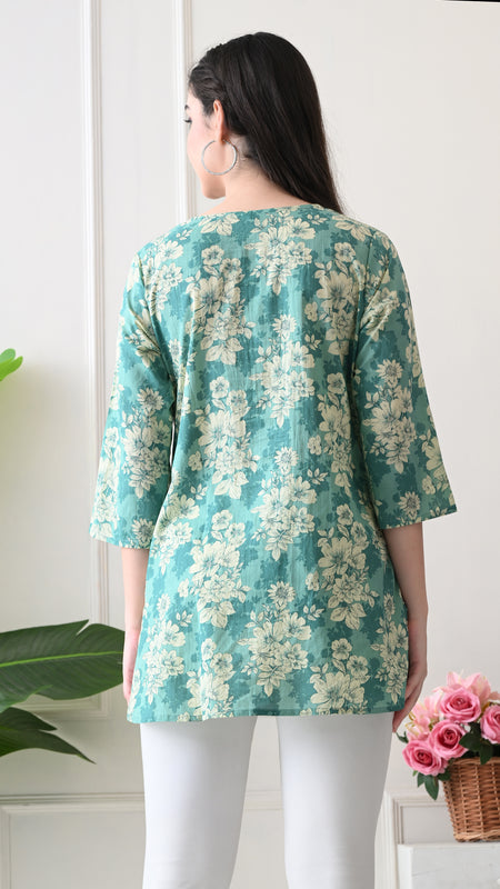 Aqua floral Pure Cotton Casual 3/4th Sleeves Top for women