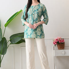 Aqua floral Pure Cotton Casual 3/4th Sleeves Top for women