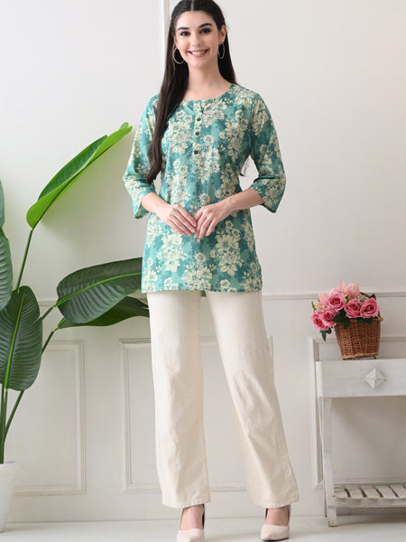 Aqua floral Pure Cotton Casual 3/4th Sleeves Top for women