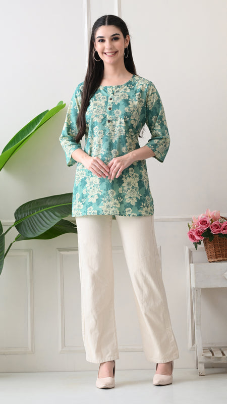 Aqua floral Pure Cotton Casual 3/4th Sleeves Top for women