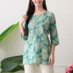 Aqua floral Pure Cotton Casual 3/4th Sleeves Top for women