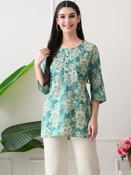 Aqua floral Pure Cotton Casual 3/4th Sleeves Top for women