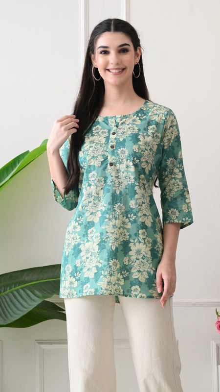 Aqua floral Pure Cotton Casual 3/4th Sleeves Top for women