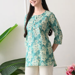 Aqua floral Pure Cotton Casual 3/4th Sleeves Top for women