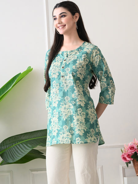 Aqua floral Pure Cotton Casual 3/4th Sleeves Top for women