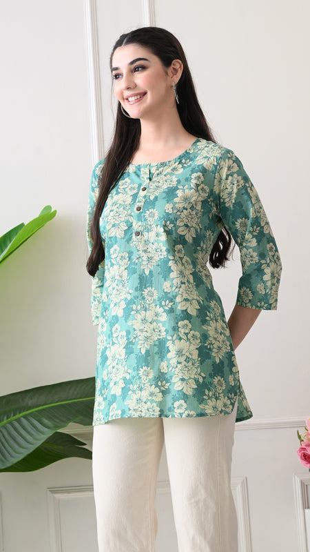 Aqua floral Pure Cotton Casual 3/4th Sleeves Top for women