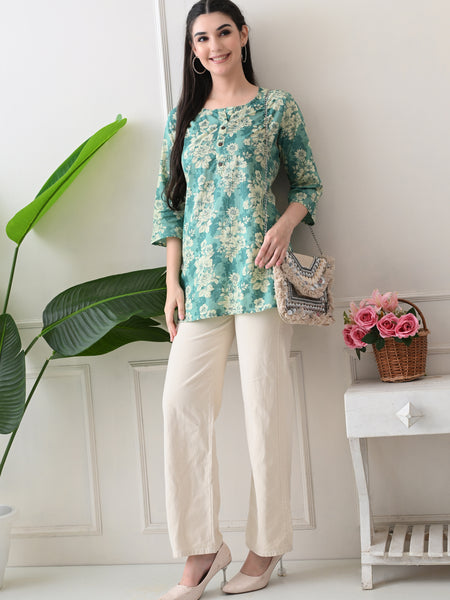 Aqua floral Pure Cotton Casual 3/4th Sleeves Top for women